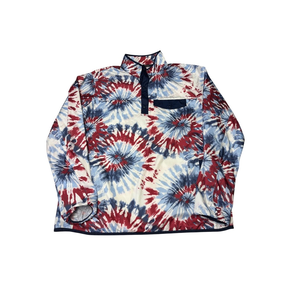 Eddie Bauer Mens Tie Dye Windbreaker Jacket Red White Blue Snap Neck Tall Large